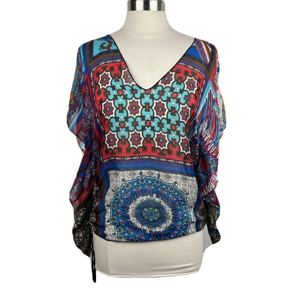 Hale Bob Blouse XS Womens Multicolor Print V Neck Silk Side Ties Semi Sheer